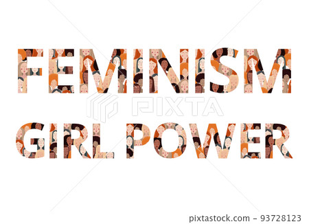Feminism elements and text set. Feminist colored elements on a white background. Design of women's textile t-shirt. Vector illustration. 93728123