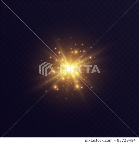 Star burst with sparkles, lens flare with particles, golden star explosion. Shining sun with fairy dust. 93729484