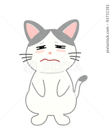 Illustration of a cat with a sleepy face Outline = partial solid line & color White gray bee cat 93731391