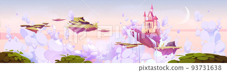 Magic castle on floating island in morning sky 93731638