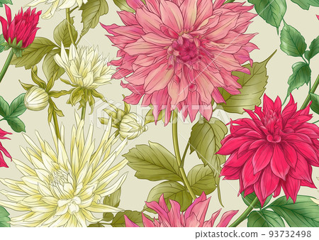 Dahlias flowers, outline and coloured style Seamless pattern, Dahlias flowers, outline and coloured style Seamless pattern, 93732498