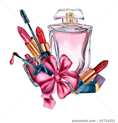 Make up cosmetic, perfume watercolor illustration isolated on white background. Make up cosmetic, perfume watercolor illustration isolated on white background. 93732852
