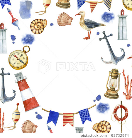 Round frame of marine elements lighthouse, seagull, compass, shells, anchor hand-painted in watercolor on a white background. Suitable for the design of photos, postcards, wedding invitations 93732974