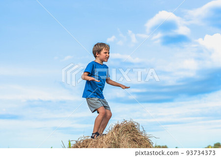 Boy smile play dance grimace show off blue t-shirt stand on haystack bales of dry grass, clear sky sunny day. Balance training. Concept happy childhood, children outdoors, clean air close to nature Boy smile play dance grimace show off blue t-shirt stand on haystack bales of dry grass, clear sky sunny day. Balance training. Concept happy childhood, children outdoors, clean air close to nature 93734373