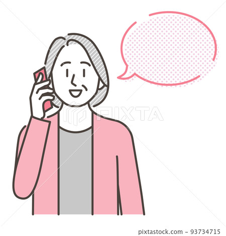 Vector illustration material depicting a senior woman calling on a smartphone and a speech bubble from the front 93734715