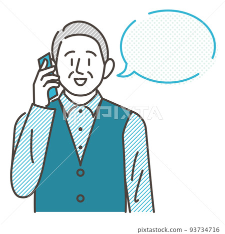 Vector illustration material depicting a senior man calling on a smartphone and a speech bubble from the front 93734716