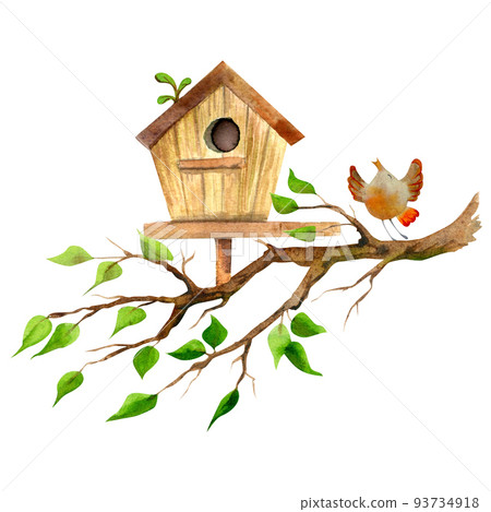 Watercolor hand drawn birdhouse on a tree branch with a bird, isolated on white background. Design for cards, gift bags, invitations, textile, print, wallpaper, for children Watercolor hand drawn birdhouse on a tree branch with a bird, isolated on white background. Design for cards, gift bags, invitations, textile, print, wallpaper, for children 93734918