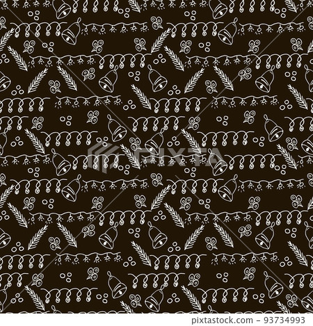 Vector Christmas seamless pattern with hand drawn doodles elements. Black and white illustration. 93734993