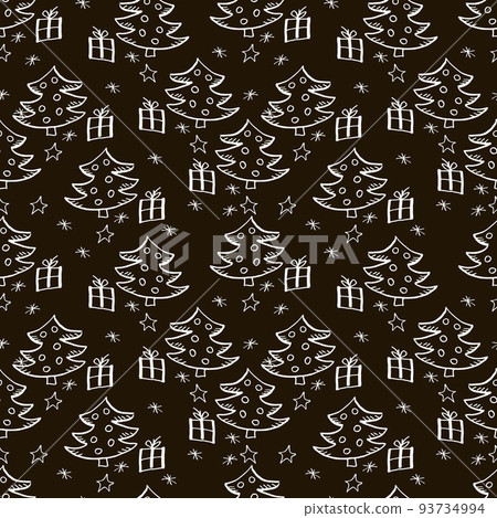 Vector Christmas seamless pattern with hand drawn doodles elements. Black and white illustration. 93734994