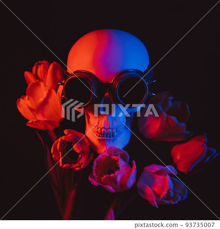 human skull in steampunk glasses in tulip flowers with red and blue neon light 93735007