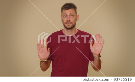 Puzzled guilty man pointing fingers himself ask say who me no thanks i do not need it, refusal 93735519