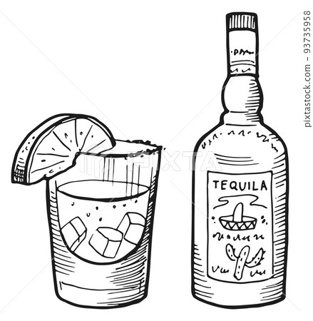 Tequila icon. Engraved bottle and drink glass. Mexican alcohol 93735958