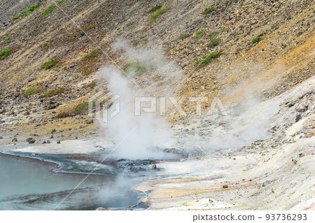 boiling fumaroles and sulfur deposits at the hydrothermal outlet on the shore of the hot lake in the caldera of the Golovnin volcano on the island of Kunashir 93736293
