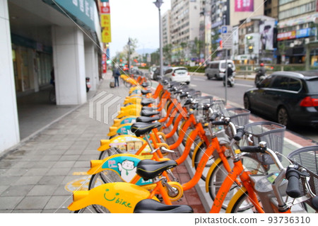 Rental bikes line the streets of Taiwan Rental bikes line the streets of Taiwan 93736310