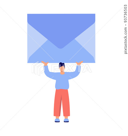 Cute tiny vector man carrying huge envelope overhead. Male character present blue craft mail. Flat cartoon illustration isolated on white background Cute tiny vector man carrying huge envelope overhead. Male character present blue craft mail. Flat cartoon illustration isolated on white background 93736503