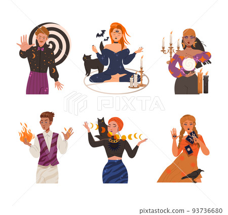 Man and Woman Fortune Teller, Psychic and Hypnotist Predicting Future and Performing Occult Ritual Vector Illustration Set 93736680