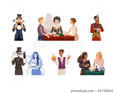 Man and Woman Fortune Teller and Psychic Predicting Future and Performing Occult Ritual Vector Illustration Set 93736682