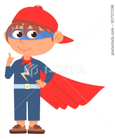 Kid in waving red cape. Superhero boy party costume 93737296