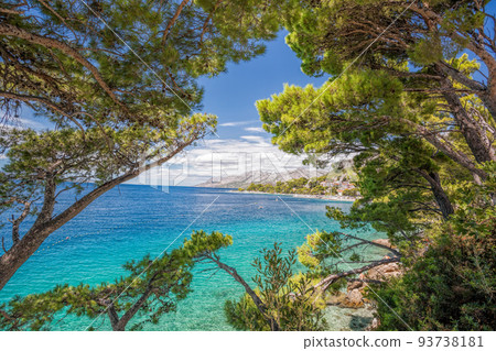 View of Croatian coast with pine trees in Brela, Makarska, Dalmatia, Croatia View of Croatian coast with pine trees in Brela, Makarska, Dalmatia, Croatia 93738181