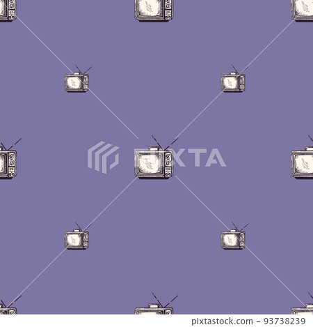 Retro TV with antenna engraved seamless pattern. Vintage television in hand drawn style. 93738239