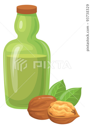 Walnut oil bottle. Cartoon nut. Natural food Walnut oil bottle. Cartoon nut. Natural food 93738329