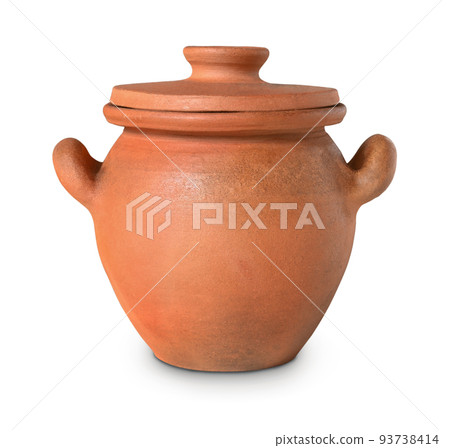 Front view of old clay pot 93738414