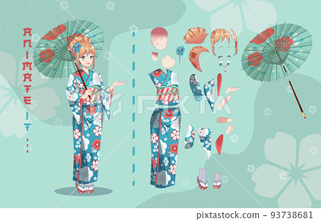 Anime girl in kimono with umbrella characters for animation 93738681