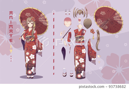 Anime girl in kimono with umbrella characters for animation Anime girl in kimono with umbrella characters for animation 93738682