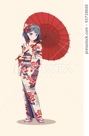 Anime manga girls in kimono holding paper umbrella Anime manga girls in kimono holding paper umbrella 93738688