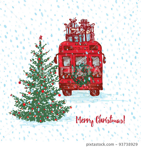 Christmas Red bus with fir tree decorated balls and gifts on roof. White snowy seamless background and text Merry Christmas and Happy New Year. Greeting card. Illustrations Christmas Red bus with fir tree decorated balls and gifts on roof. White snowy seamless background and text Merry Christmas and Happy New Year. Greeting card. Illustrations 93738929