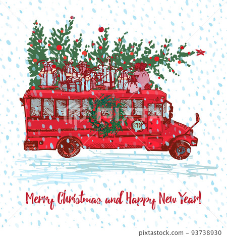 Christmas Red bus with fir tree decorated balls and gifts on roof. White snowy seamless background and text Merry Christmas and Happy New Year. Greeting card. Illustrations 93738930