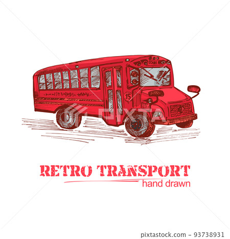Hand drawn red retro bus isolated on white background. Vintage truck in sketch style. Art design for poster, flayer, banner. Illustration 93738931