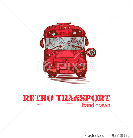 Hand drawn red retro bus isolated on white background. Vintage truck in sketch style. Art design for poster, flayer, banner. Illustration 93738932