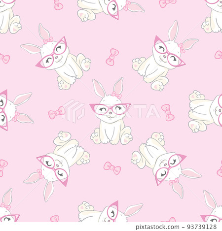 Seamless Pattern Rabbit and bow. Hand Drawn Bunny and heart, print design rabbit background. Vector Seamless. Seamless Pattern Rabbit and bow. Hand Drawn Bunny and heart, print design rabbit background. Vector Seamless. 93739128