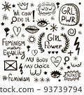Feminist symbols vector icons set. Handwritten lettering on the topic of women's activism. Black and white feminism icon 93739794