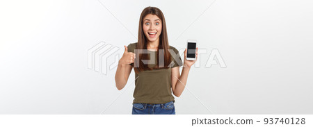 Girl Holding Smart Phone - Beautiful smiling girl holding a smart phone Girl Holding Smart Phone - Beautiful smiling girl holding a smart phone 93740128