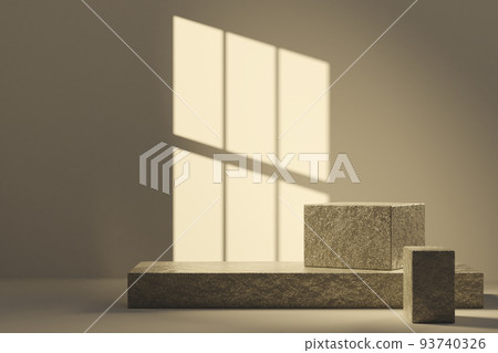 Abstract golden textured block podium scene 3d rendering with window shadow and warm sunlight for presentation product Abstract golden textured block podium scene 3d rendering with window shadow and warm sunlight for presentation product 93740326
