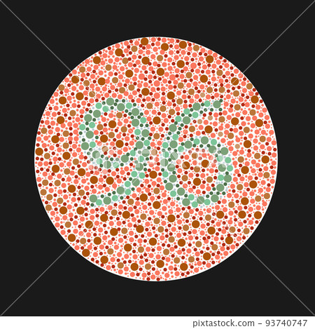 Ishihara test for color blindness. Color blind test. Green number 96 for colorblind people. Vector illustration. 93740747