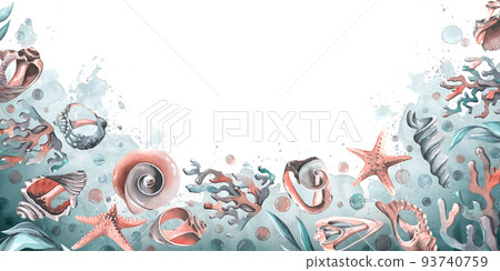 Horizontal frame with shells, algae, corals and bubbles. Watercolor illustration. Board from a large set of WHALES. For registration and design of certificates, invitations, websites, decor. Horizontal frame with shells, algae, corals and bubbles. Watercolor illustration. Board from a large set of WHALES. For registration and design of certificates, invitations, websites, decor. 93740759