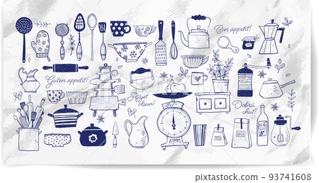 Big set of kitchen doodle sketch utensils hand-drawn with ink on paper. Cups, teapots, pots. bottles. chopping boards ets. Inscription Bon appetit in different languages 93741608