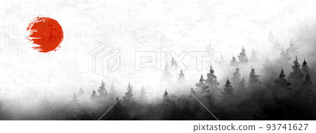 Misty forest mountains landscape. Traditional oriental ink painting sumi-e, u-sin, go-hua. 93741627