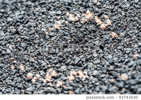 Macro of hail damage on a shingle residential roof circled with a chalk outline during a home inspection. 93741630