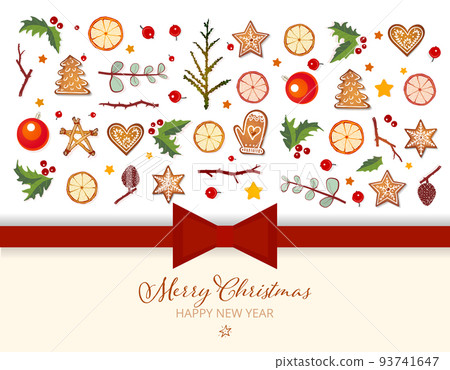 Christmas greeting card with holidays elements on white background. Gingerbreads, oranges, red berries and christmas balls. 93741647
