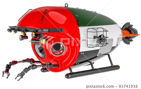 Bathyscaphe with the United Arab Emirates flag. Marine geology, oceanography in the UAE, 3D rendering Bathyscaphe with the United Arab Emirates flag. Marine geology, oceanography in the UAE, 3D rendering 93741938