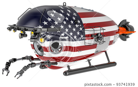 Bathyscaphe with the United States flag. Marine geology, oceanography in the USA, 3D rendering Bathyscaphe with the United States flag. Marine geology, oceanography in the USA, 3D rendering 93741939