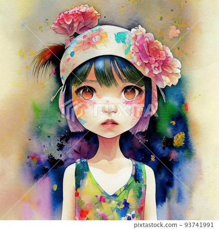 Watercolor little girl with flowers. Pretty young woman 93741991