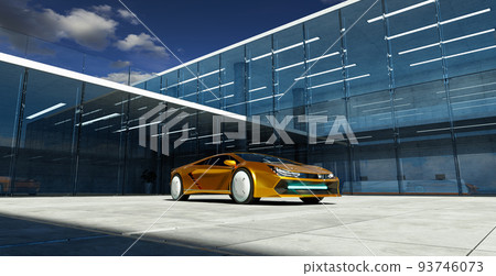 Electric sports car parked in the center of modern glass facade walls building 93746073