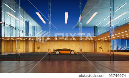 Electric sports car parked in the center of modern glass facade walls building 93746074