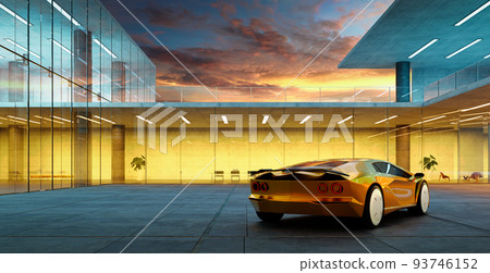 Electric sports car parked in the center of modern glass facade walls building Electric sports car parked in the center of modern glass facade walls building 93746152