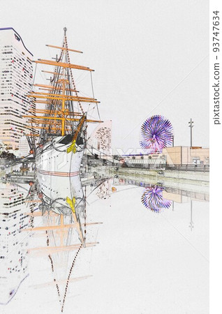 Illustration Minatomirai Nippon Maru and Ferris wheel 5 93747634